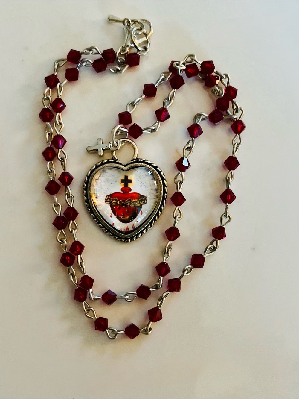 Sacred Heart Heart Necklace w Austrian Crystal Beads